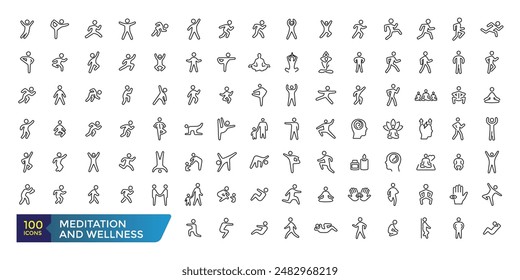 Meditation and Wellness Related Line Icons set. Contains such Icons as Mindfulness, Balance, Group Meditation Session and more. Collection and pack of linear web and ui icons. Editable stroke.