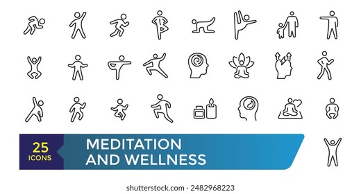 Meditation and Wellness Related Line Icons set. Contains such Icons as Mindfulness, Balance, Group Meditation Session and more. Collection and pack of linear web and ui icons. Editable stroke.