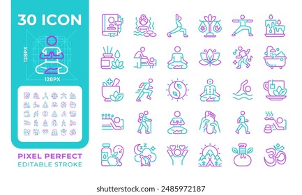 Meditation and wellness two color line icons set. Spiritual practices. Healthy lifestyle. Self-care bicolor outline iconset isolated. Duotone pictograms thin linear. Editable stroke