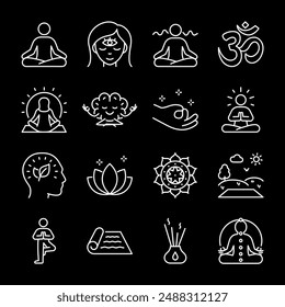 Meditation, white line icons. Techniques for emotional and mental relaxation. Ideal for wellness and mental health themes. Symbols on black background. Editable stroke.