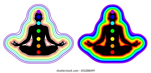 Meditation woman - aura, chakras - vector