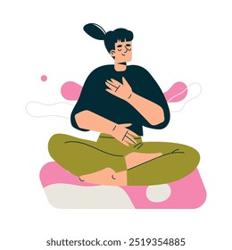 Meditation with Woman Character on Mat Sitting in Lotus Pose Vector Illustration