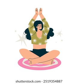 Meditation with Woman Character on Mat Sitting in Lotus Pose Vector Illustration