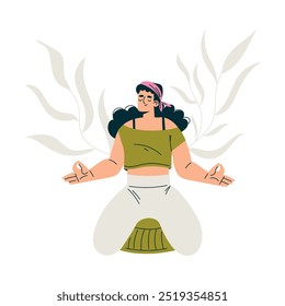 Meditation with Woman Character Sitting in Lotus Pose Vector Illustration