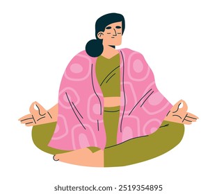 Meditation with Woman Character Sitting in Lotus Pose Vector Illustration