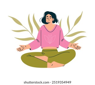 Meditation with Woman Character Sitting in Lotus Pose Vector Illustration