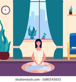 Mujer meditadora. Chica que se mantiene tranquila en la sala de estar. Entrenamiento de yoga, por la mañana o por la noche. Ilustración vectorial de equilibrio de ahorro femenino