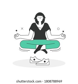 Meditation. A woman in lotus pose floating above the floor. Concept of mindfulness and patience. Scenes from the world of business and technology for your next project