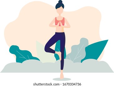 Meditation. A woman meditates in nature and leaves. Illustration of the concept for yoga, meditation, relaxation, rest, healthy lifestyle. Vector illustration in flat cartoon style.