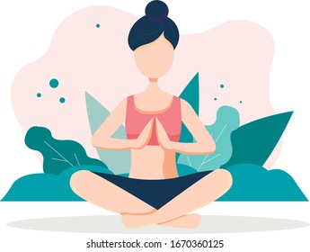 Meditación. Una mujer medita en la naturaleza y se va. Ilustración del concepto de yoga, meditación, relajación, descanso, estilo de vida saludable. Ilustración vectorial al estilo de las caricaturas planas.