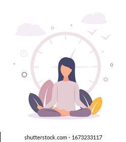 Meditation. A woman is meditating near a big clock. Girl resting meditating. The woman is relaxing.