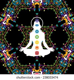 Meditation woman silhouette with seven chakras over psychedelic bamboo plants and tiger faces ornament background vector illustration