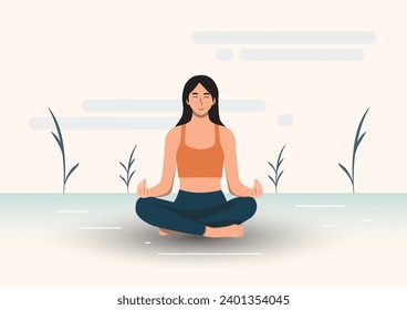 Meditation, The Woman sits cross-legged to meditate to calm her mind. Give rise to new work ideas Vector illustration blue tone background