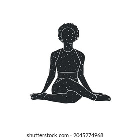 Meditation. The woman is sitting in the lotus position. Space and stars inside the female body. Magic drawing. Ethnic style. Spiritualism. Hand drawn vector. 