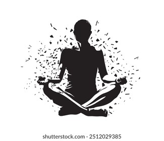 Meditation, woman sitting and meditating, mental health, isolated vector silhouette, front view