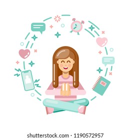 Meditation, woman in yoga pose with routine doings. Vector illustration in flat style, isolated on white background. Concept for web page, banner, presentation, social media, documents, cards, posters