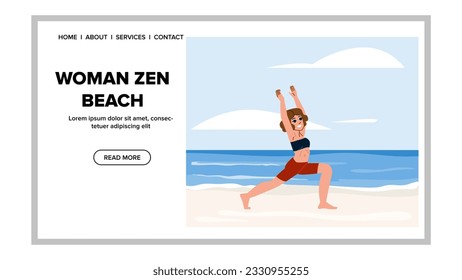 meditation woman zen beach vector. nature yoga, body sea, person pose meditation woman zen beach web flat cartoon illustration