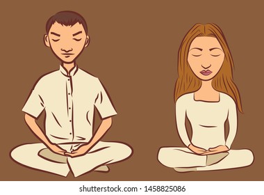Meditation of women and men, cute cartoons and illustrations, live life consciously.