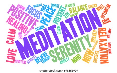 Meditation word cloud on a white background. 