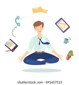 Meditation at work. Man in lotus pose between working tools on white background.