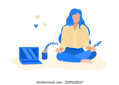 Meditation at work, a woman is resting after office work. A girl with blue hair in the lotus position. Yoga at work. Relaxation. Vector illustration flat design.