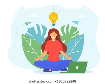 Meditation workflow concept, with meditating woman. Health benefits for body, mind and emotions, lotus position, thought process, start and search for ideas. Flat vector illustration