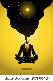 Meditation and yoga background in yellow colors with a businessman sit with crossed legs and meditate