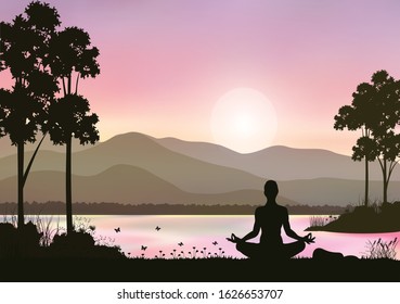 Meditation and yoga with beautiful nature, Vector illustrations