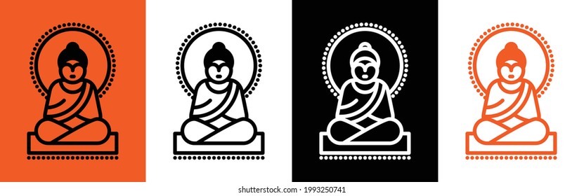 Meditation Yoga Buddhistischer Mönch oder Buddha Symbol einzeln auf Weiß, Schwarz, orangefarbene Hintergrundvarianten; Einfache kreative Konzeption Flach Design Solid Fett Mark, präsentiert Aufklärung, Insight, Zen etc.