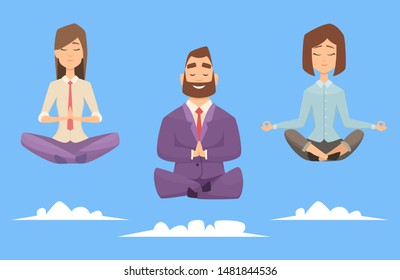 Meditation yoga business group. Vector character businesspeople relaxing in meditation poses