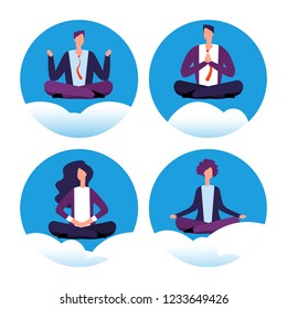 Meditation yoga businesspeople vector icons. Office workers avoid stress. Vector concept