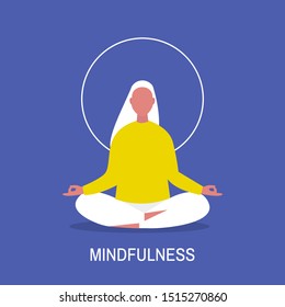 Meditation. Yoga class. Harmony and relaxation. Calm female character sitting in a lotus pose. Flat editable vector illustration, clip art. Modern healthy lifestyle