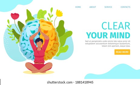 Meditation yoga for clearing woman mind, vector illustration. Girl female at flat pose for body health harmony. Cartoon character at fitness lotus pose, relaxation lifestyle landing banner.