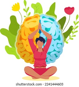 Meditation yoga for clearing woman mind, vector illustration. Girl female at flat pose for body health harmony. Cartoon character at fitness