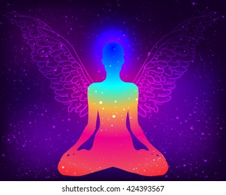 Meditation yoga concept. Rainbow silhouette in yoga lotus position over night sky background. Vector illustration. New age symbol, inner light, sacred geometry, kundalini,  natural healing.