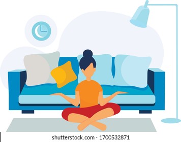  Meditation. Yoga. Das Mädchen meditiert zu Hause. Selbstisolation.Vektorillustration im Flachstil.