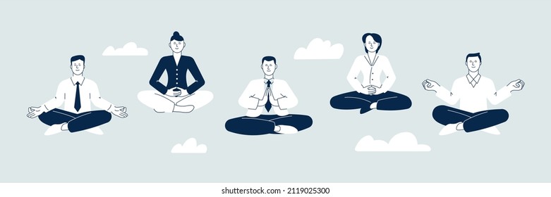 Grupo de yoga meditación. Los personajes de negocios meditan y se relajan. Pensamiento en equipo, mente limpia y creación de ideas. Bienestar de oficina, concepto reciente de vector del grupo zen