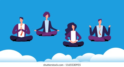 Meditation yoga group. Business team relaxing and meditating in lotus pose. Office workers avoid stress. Vector concept meditation businessman, illustration cartoon relax worker