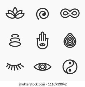 Meditation And Yoga Icon Set Inspired By Middle East Countries. Icons Representing Peace, Tranquility, Spa, Meditation, Yoga, Religion.
