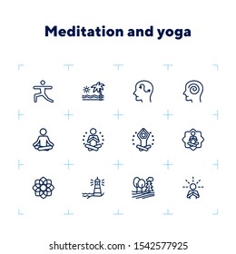 Meditation and yoga line icon set. Health, wellness, leisure. Buddhism concept. Can be used for topics like spirituality, peace, relaxation