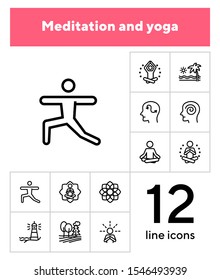 Meditation and yoga line icon set. Health, wellness, leisure. Buddhism concept. Can be used for topics like spirituality, peace, relaxation