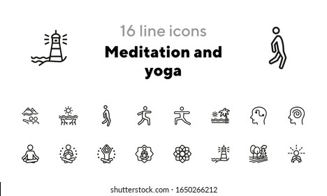 Meditation and yoga line icon set. Health, wellness, leisure. Buddhism concept. Can be used for topics like spirituality, peace, relaxation