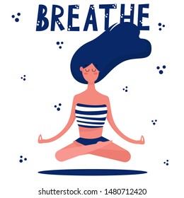 Meditation and yoga. Lotus position Flying girl in flat style. The concept of calm, meditation, breathing. Inspirational yoga poster.