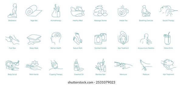 Meditation, Yoga Mat, Aroma Therapy, Healthy Meal, Massage Stone, Herbal Tea, Breathing Exercise, Sound Therapy, Foot Spa, Sleep Mask, Mental Health, Nature Walk, Scented Candles, Spa Treatment icons