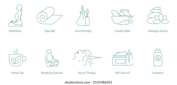 Meditation, Yoga Mat, Aromatherapy, Healthy Foods, Massage Stones, Herbal Tea, Breathing Exercise, Sound Therapy, Cosmetic Self-Care Kit, and Hydration Vector Icons for Mindfulness and Wellness  