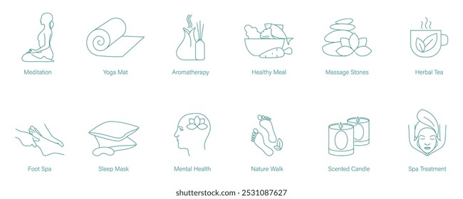 Meditation, Yoga Mat, Aromatherapy, Healthy Foods, Massage Stones, Herbal Tea, Pedicure, Sleep Mask, Mental Health, Nature Walk, Scented Candles, and Spa Treatment Vector Icons for Mindfulness icons