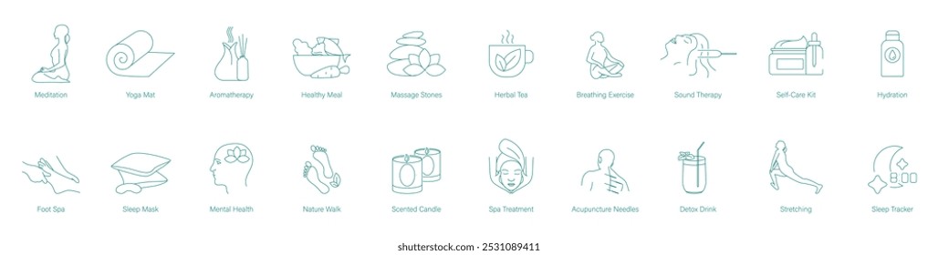 Meditación, Yoga Mat, Aromaterapia, Comida saludable, Masaje de piedras, Té de hierbas, Ejercicios de respiración, Terapia de sonido, Kit de cuidado personal, Hidratación, Foot Spa, Mascarilla para dormir, Salud mental, Icono de Vector de Naturaleza