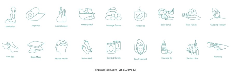 Meditación, estera de yoga, aromaterapia, comida saludable, masajes, té de hierbas, exfoliante corporal, manos de Reiki, terapia de ventosas, spa para los pies, máscara para dormir, salud mental, caminata en Naturaleza, velas perfumadas 