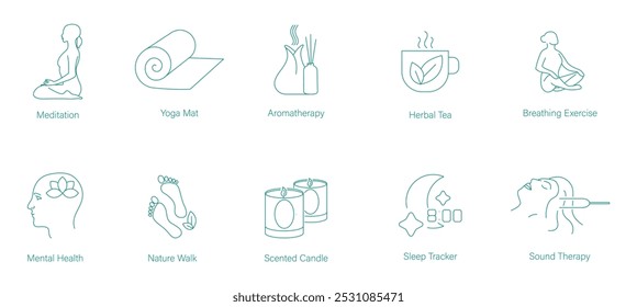 Meditation, Yoga Mat, Aromatherapy, Herbal Tea, Breathing Exercises, Mental Health, Nature Walks, Scented Candles, Sleep Tracker, and Sound Therapy Vector Icons for Mindfulness and Wellness  