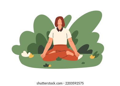 Meditation, yoga in nature. Woman meditating in zen pose, relaxing in lotus asana. Peaceful person sitting in yogi position, breathing. Flat graphic vector illustration isolated on white background